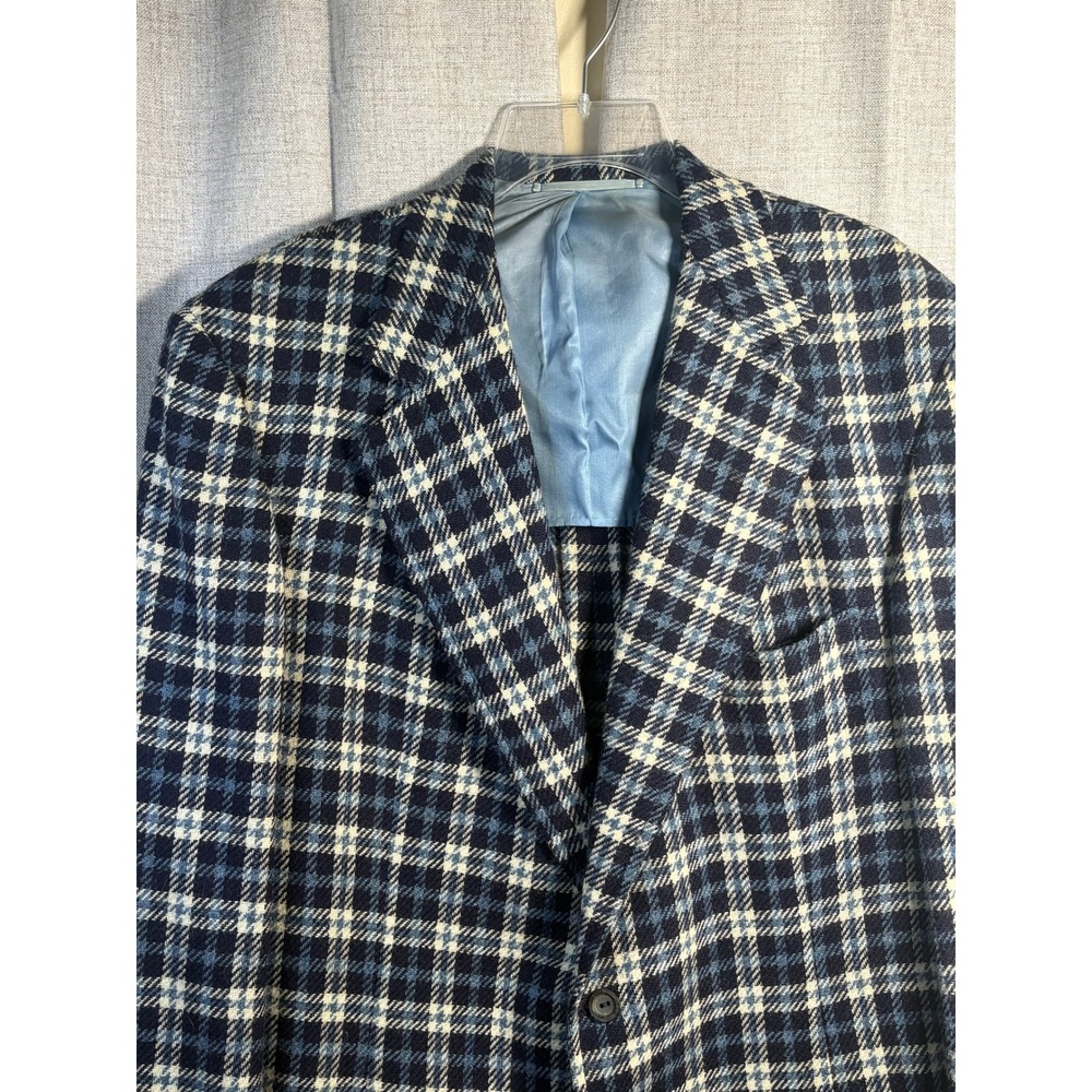 Vintage Blue Plaid Wool Blazer Jacket Two Button Union Made Sport Coat Mens